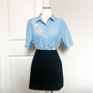Vintage 90s baby blue plaid button blouse with white floral embroidered details